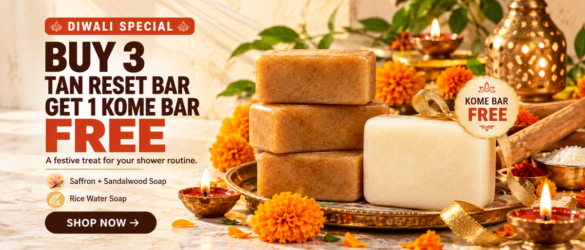 Diwali offer: Buy 3 TAN RESET BAR and get 1 KOME BAR free for ₹449, with 2 reusable potli bags and free delivery.