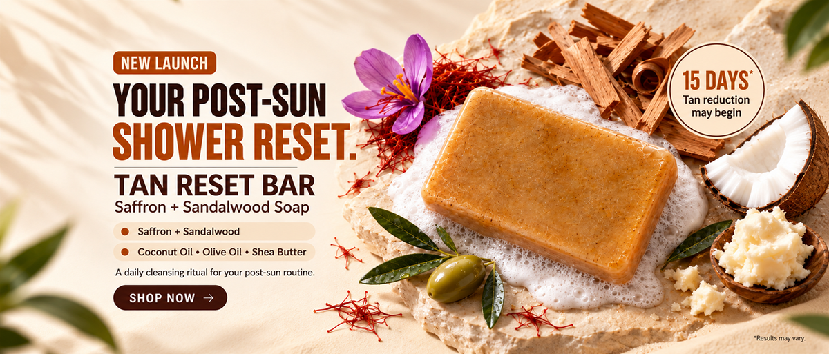 TAN RESET BAR: One bar, two sides. Saffron and sandalwood body soap. Available in packs of 1, 2, 3, 4, 6 and 8.