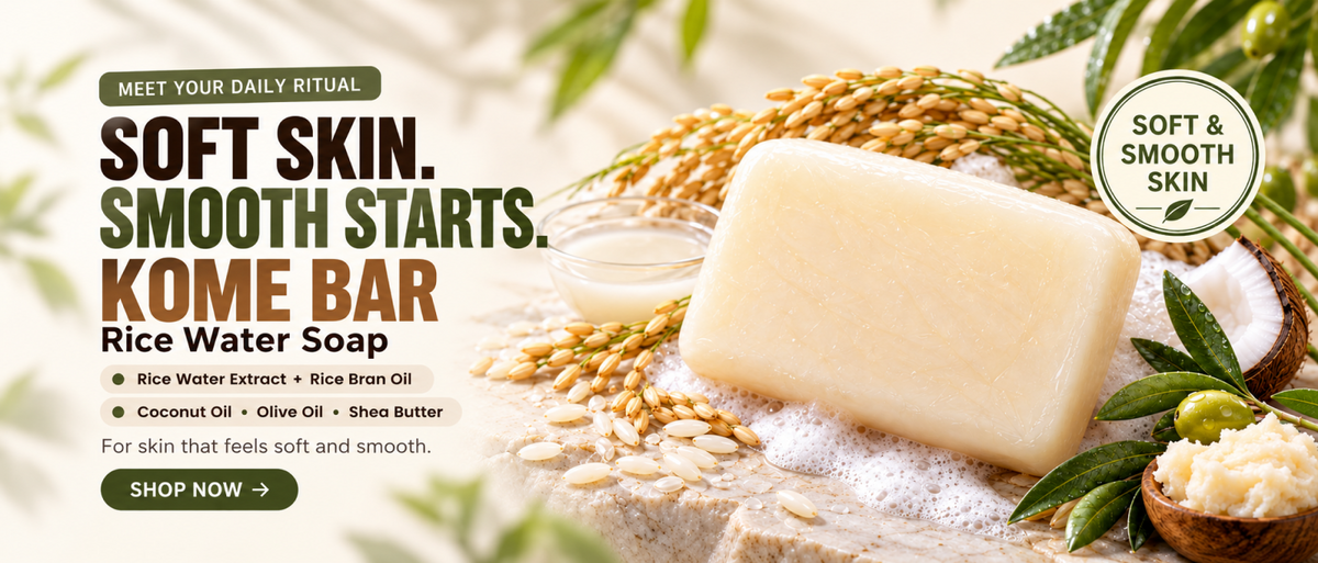 KOME BAR: Soft skin, smooth start. Rice water and rice bran oil body soap. Available in packs of 1, 2, 3, 4, 6 and 8.